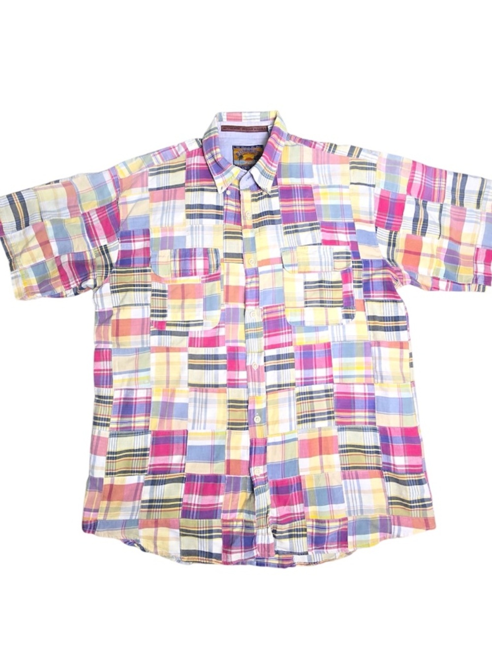 VTG Pusser’s Island Wear Patchwork Madras Shirt Mens L Pastel Plaid Short Sleeve
